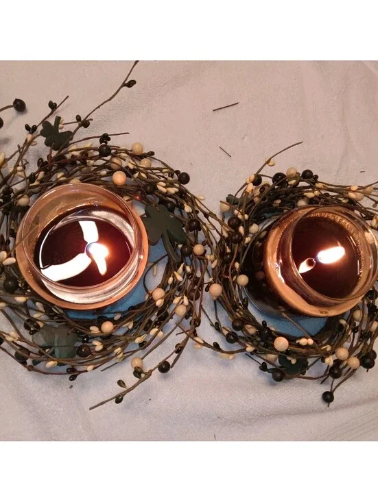 Rustic Country Style Black & Cream Berry Pillar Candle Wreaths (2pc) Shamrock