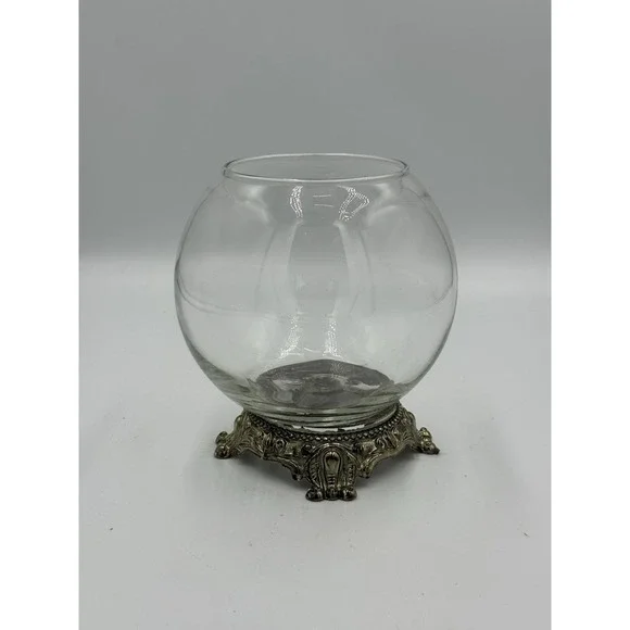 Vintage Glass Clear Fish Bowl Ornate with Metal Base Pedestal 5.5