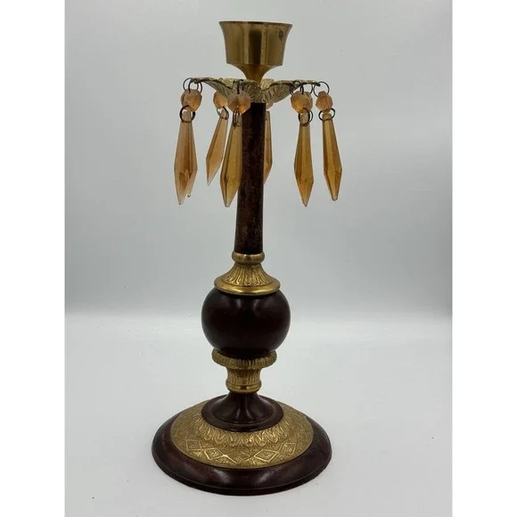 Vintage Heavy Gold Tone & Brown Candle Stick Holder With Orange Acrylic Prisms