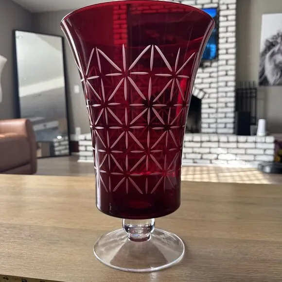 VNTG PartyLite Ruby Red Cut Glass L 13”Trumpet Vase Pedestal Geometric Cut Art