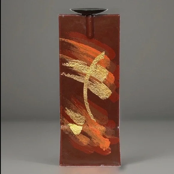 Candle Holder Modern Abstract Art Brown Gold Orange Brushstroke Unique Decor