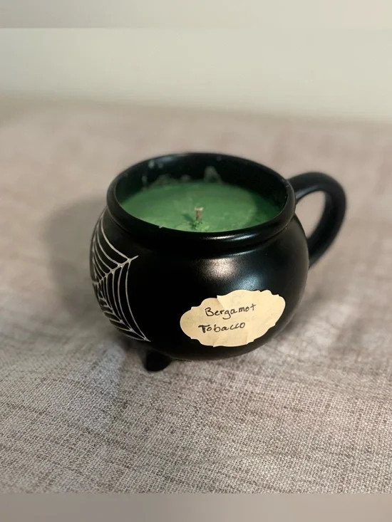 Black Cauldron Candle with Spiderwebs- Green Wax (Bergamot Tobacco)