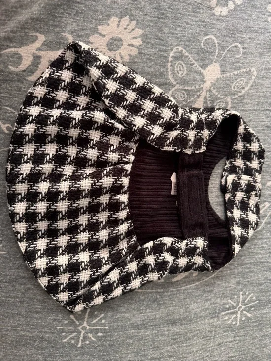 Black & White Tweed Houndstooth dog dress with Bow Accent and Curdoroy lining