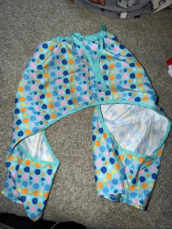Top Paw Aqua Paw & Shell Print Hooded Dog Pants - Open behind (: