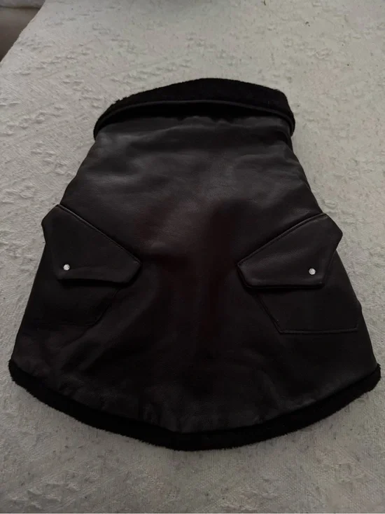 Black Faux Leather Shearling-Trim Dog Coat with Studded Rhinestones