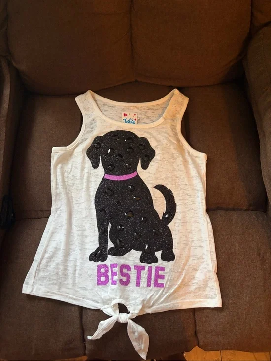 NWOT Justice Girls' White Tank Top with Black Dog Graphic/Glitter/Stone Accents