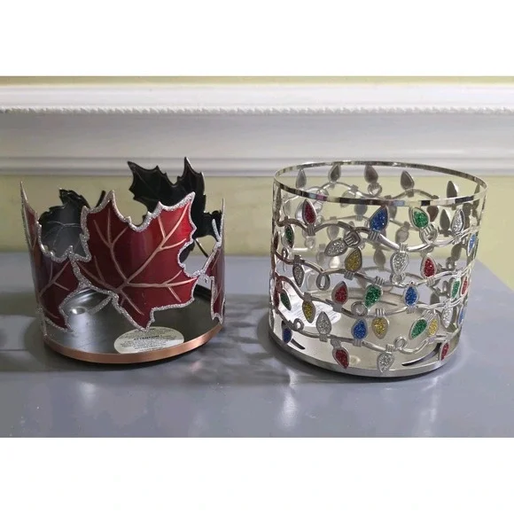 Bath & Body Works Christmas Lights & Fall Leaves 3 Wick Metal Candle Holder Lot