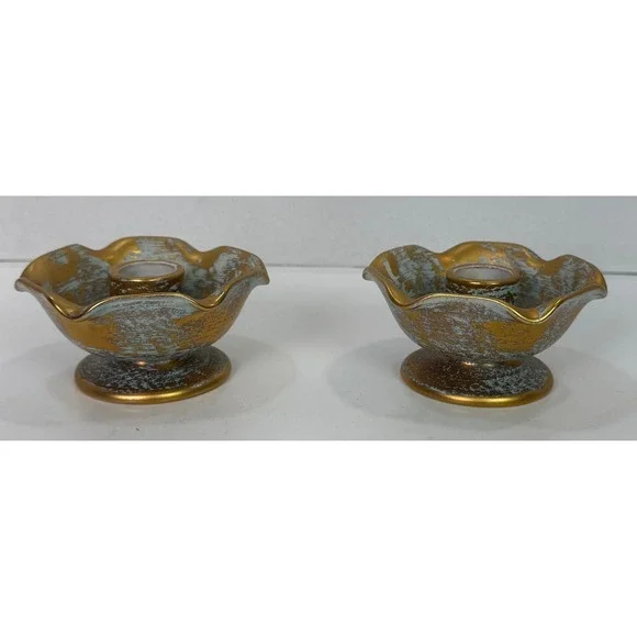 Vtg Stangl Pottery Taper Candle Holders Pair #5069 22K Antique Gold Ruffled MCM