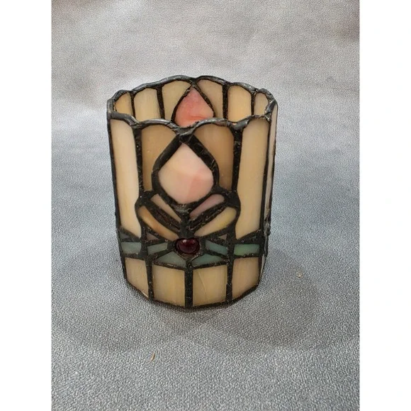 Vintage Stained Glass Votive Candle Holder Slag Glass Mission Style Cream Pink