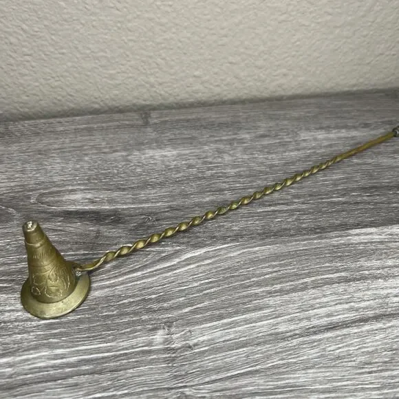 Vintage Brass Cone Shape Candle Snuffer Floral Design Spiral Stem