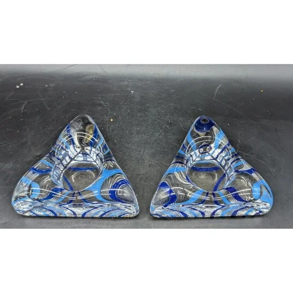 Set/2 Kosta Boda Piece Of Cake Triangle Signed Votive Candle Stripe Cobalt Blue