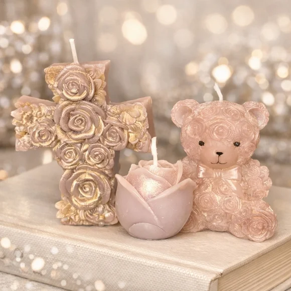 Handmade Rose Bear & Cross Candle Set – Shimmer Finish – Beeswax – Gift Set