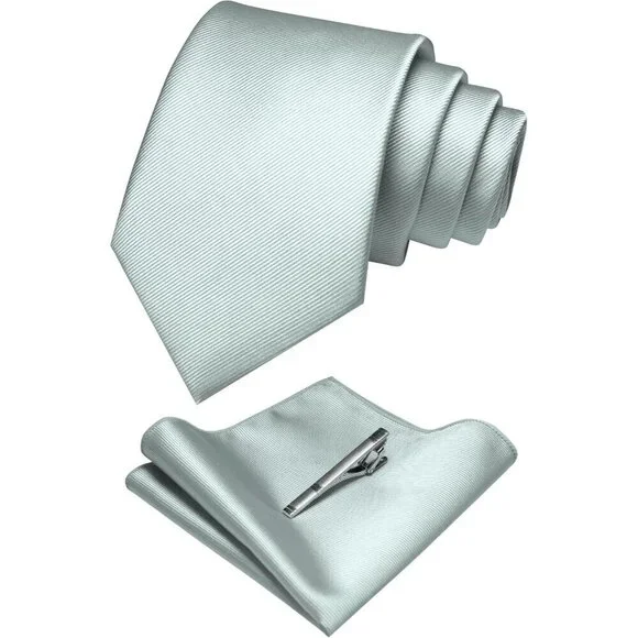 Men's Silver 2 Colour Formal Necktie and Pocket Square Tie Clip Sets