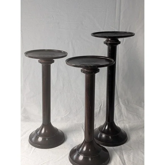 Set of 3 Dark Bronze Metal Pillar Candle Holders Graduated Heights Modern Decor
