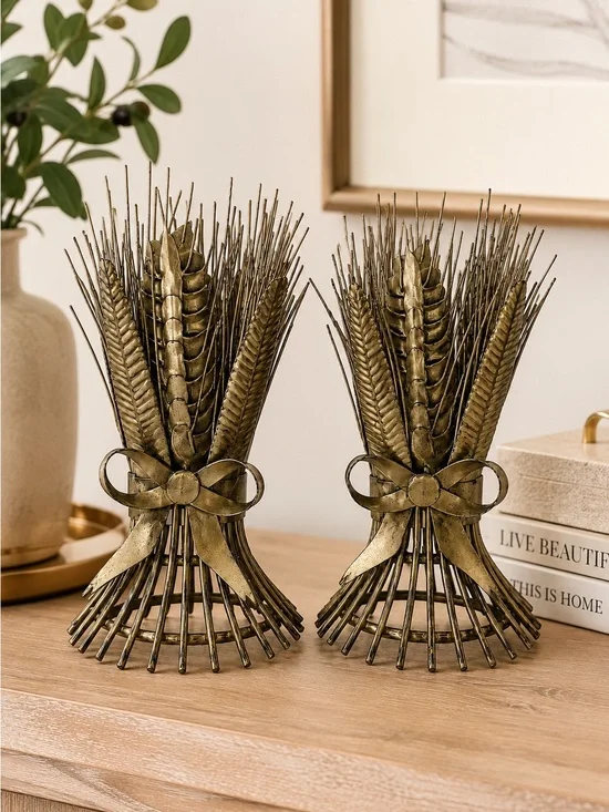 Vintage Brass Wheat Candle Holders Pair 6” Mid Century Harvest Decor