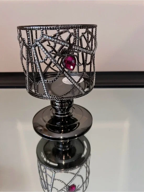 Bath Body Works 3 Wicks Halloween pedestal candle holder purple gem spider goth