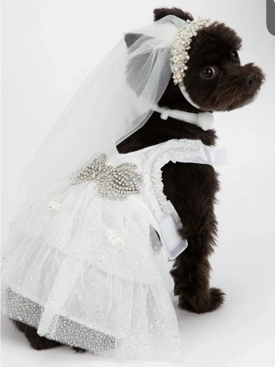 White Pet Wedding Dress with Veil - Bridal Dog Costume