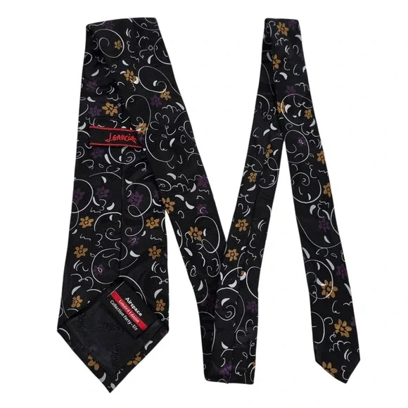 J Garcia Mens Necktie Black Purple Floral Silk 'Airspace' Limited Edition Preppy