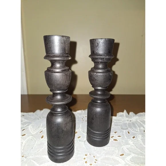 Vintage Turned Wood Candlestick Holders Pair Ebony Black Spindle Taper Set