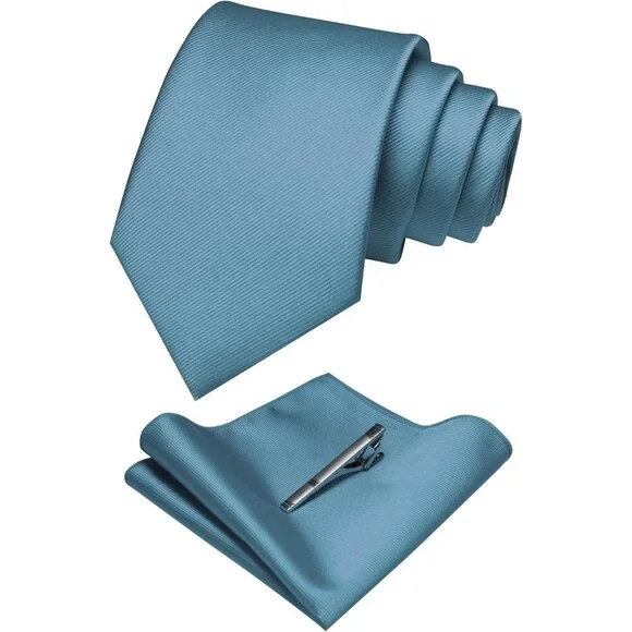 Men's Dusty Blue Colour Formal Necktie and Pocket Square Tie Clip Sets