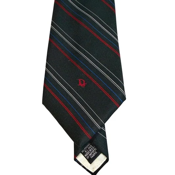 VTG Christian Dior Monsieur Tie Mens Black‎ Red Blue Stripe USA Logo Designer