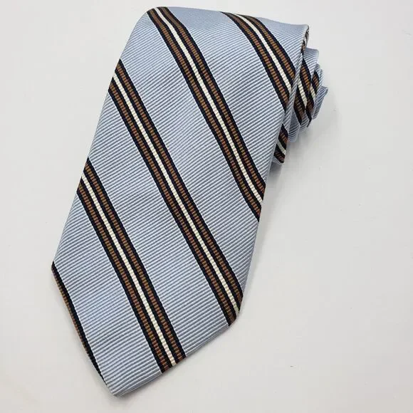 Breuer Silk Blend Tie Made In France Light Blue Brown Striped Cotton Necktie Lux