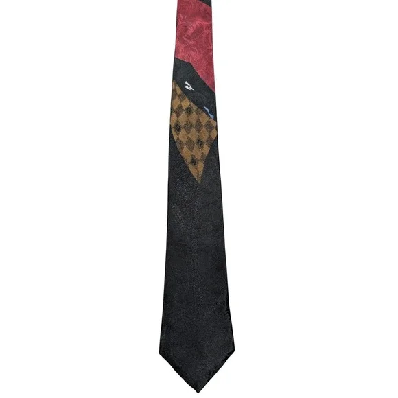 Bonjour‎ Necktie Mens OS Black Red Gold Harlequin Colorblock Jacquard USA Made