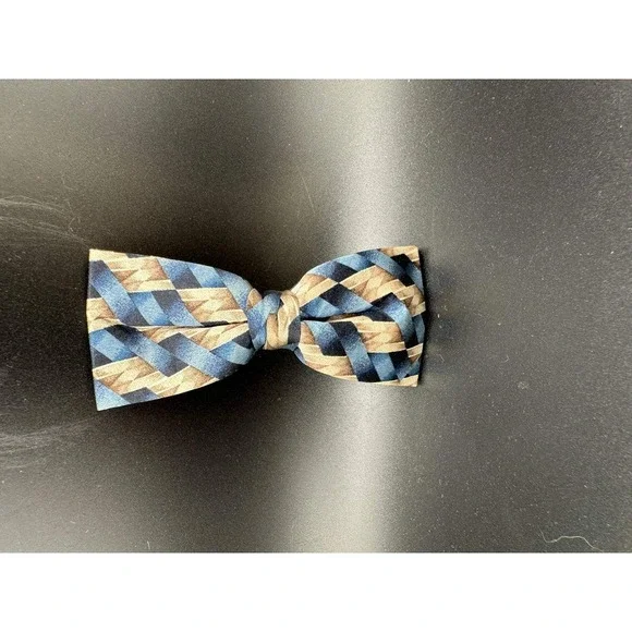 Royal Rust Vintage Clip On Bow Tie Blue Tan‎ Geometric Basketweave 054 (71)