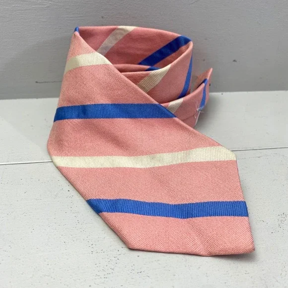 Brooks Brothers Makers Necktie Tie Pink Blue Cream Silk Rep Stripe USA Preppy