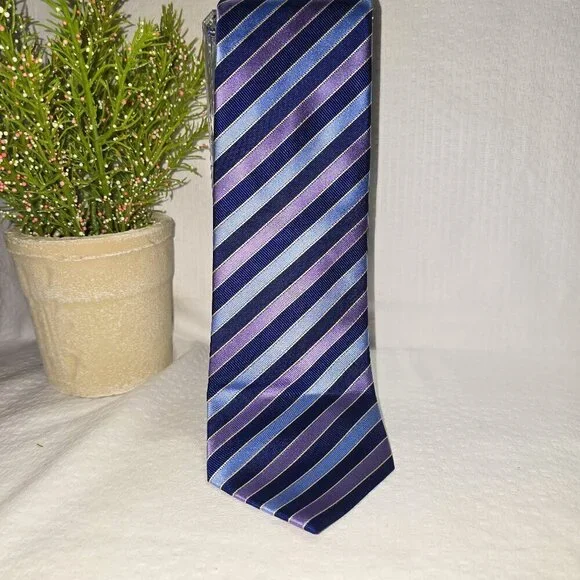 DUCK HEAD HANDMADE SILK TIE DIAGONAL STRIPES IN LIGHT BLUE NAVY AND PURPLE EUC