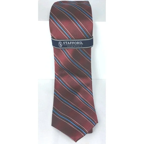 Stafford Essentials Striped Tie Burgundy Wine Maroon Blue Silk‎ Necktie New 3.5
