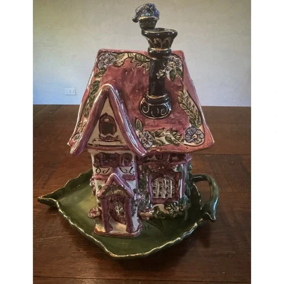 Blue Sky Clayworks Heather Goldminc Cozy Corner House CandleHolder w/Under Plate