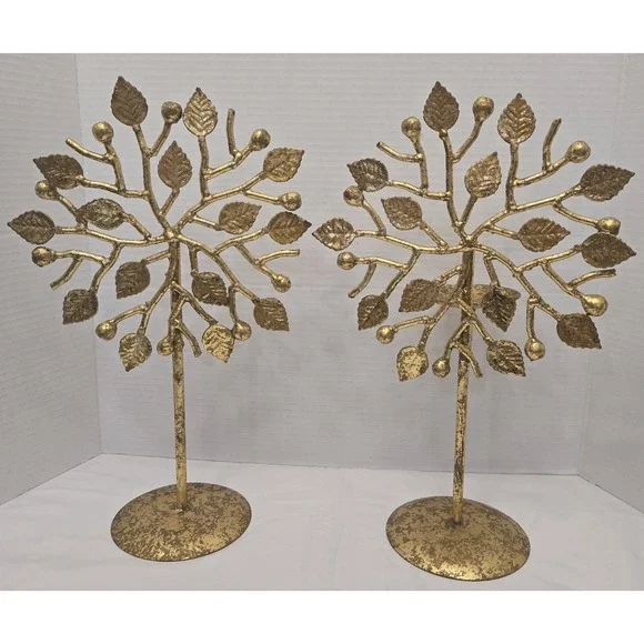 Pair of Intricate Vintage Gold Metal Tree of Life Candle Holders - Read Descrip