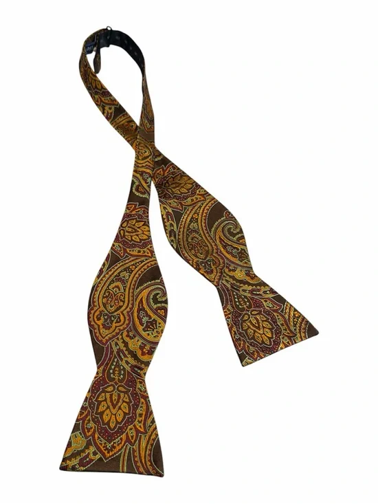 The Tie Bar Brown Paisley Silk Self Tie Bow Tie with Gold & Green Accents