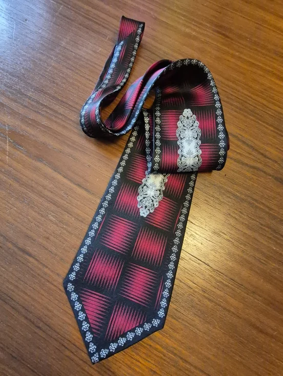 Stacy Adams Black and Red Print Silk Necktie with Silver