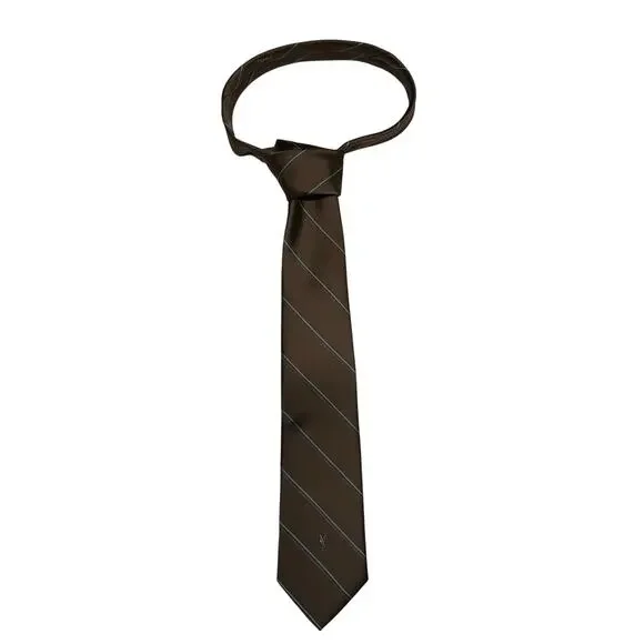 Yves Saint Laurent Brown Silk Stripe Tie YSL Logo Designer Necktie