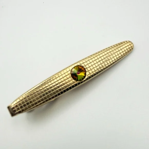 Vintage Gold Tone Tie Clip Bar Watermelon Rivoli Rhinestone Mid Century Mad Man