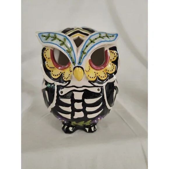 Blue Sky Clayworks Skeleton Owl Tealight Holder Heather Goldminc Dia De Muertos