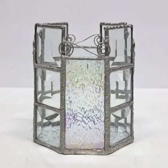Vintage Stained Glass Votive Tea Light Candle Holder Clear Iridescent MCM