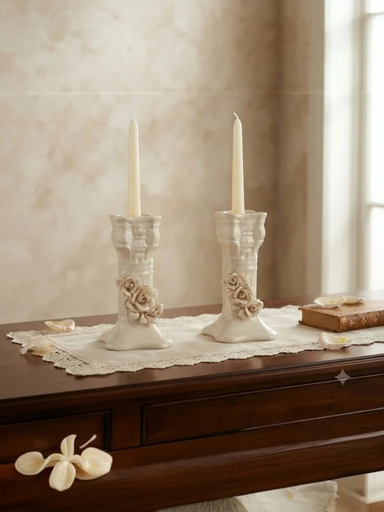 Cream Ceramic Rose Taper Candle Holders - Pair ♡