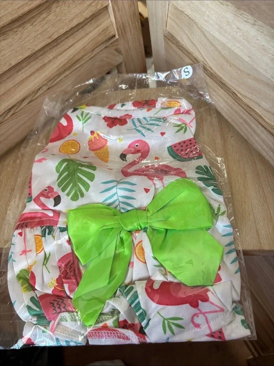 NIP Dog Flamingo Print Dress with Bright Green Bow Small