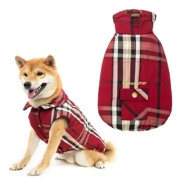 NEW Dog Jacket S Plaid Pocket Coat Windproof Clothes Buttons Fleece Windproof