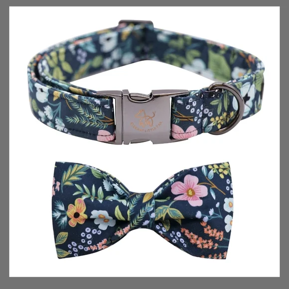 Pet Bow Tie and Collar Set Navy Spring Floral Size Medium 13.5