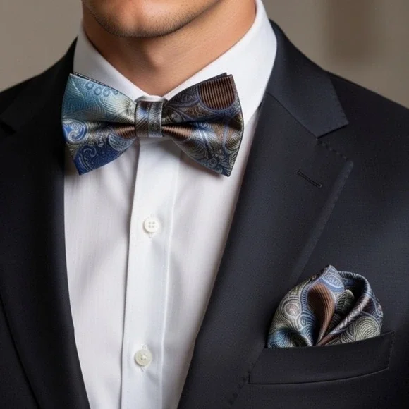Stacy Adams Mens Bow Tie Pocket Square‎ Matching Set Blue Brown Paisley