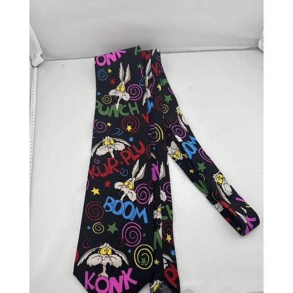Vtg 1992 WB Balancine Looney Tunes Colorful Wile E Coyote Silk Tie Sound Effects