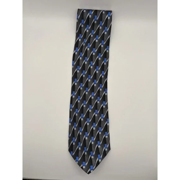 Louis Roth Mens Silk Tie Black Grey Blue Geometric Abstract Wavy Stripe Handmade