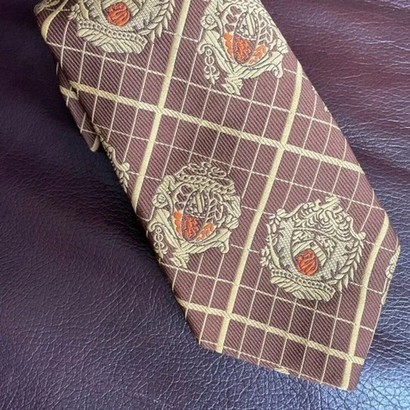 Wembley Vintage Mens Tie Brown Gold Crest Lattice Woven Academic Traditional‎ 4