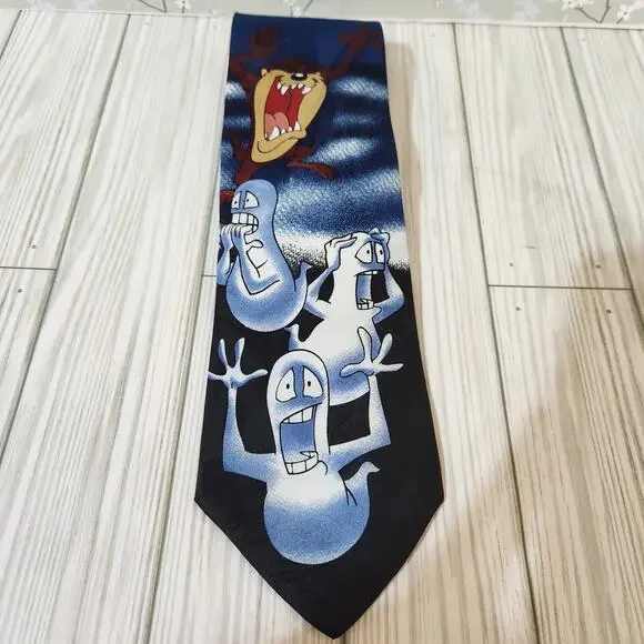 Vintage Looney Tunes Mania Blue Tasmanian‎ Devil Ghost Halloween 1996 Men's Tie