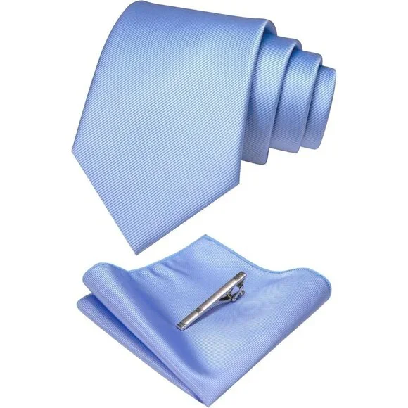 Men's Peacock Blue Colour Formal Necktie and Pocket Square Tie Clip Sets