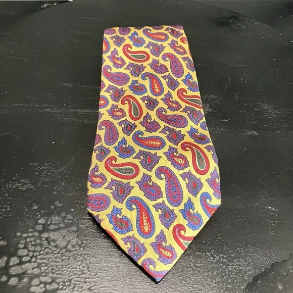 Lauren Ralph Lauren Handmade Silk Necktie Gold Blue Red Paisley Classic Vintage